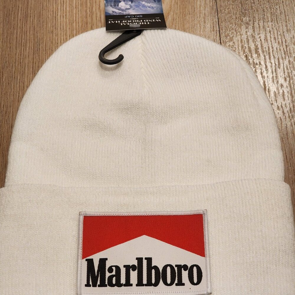 Marlboro Patched Knit Cuffed Beanie in White.